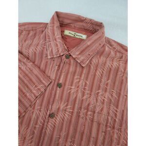 Tommy Bahama XL Silk/Cotton Striped Leaf all Over‎ Print Wooden Button S/S Shirt